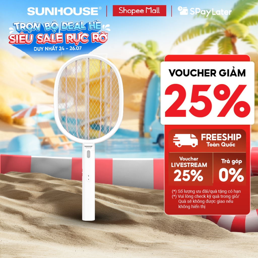 [Mẫu mới nâng cấp pin] Vợt muỗi Sunhouse SHE-EECVM27 - Tích hợp đèn pin chiếu sáng - Chống giật an t