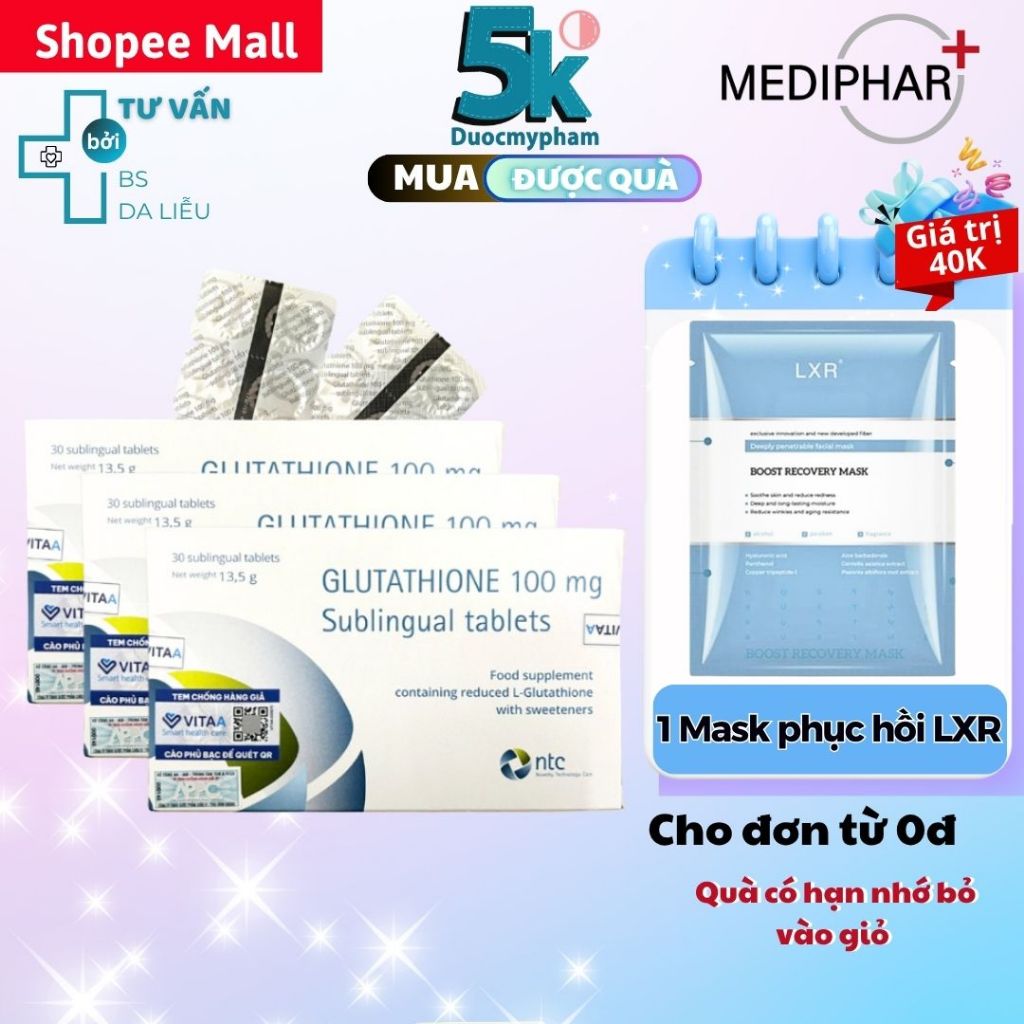 Viên Ngậm Trắng Da Dưới Lưỡi Glutathione 100mg Nhập Khẩu Italy (Hộp 30 viên)