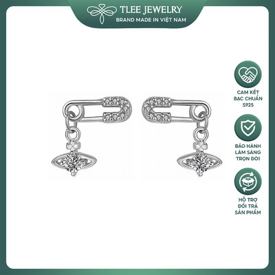 Khuyên tai bạc nữ TLEE Safety Pin ghim băng treo tua tiểu hành tinh  đính đá TLEE JEWELRY B0615