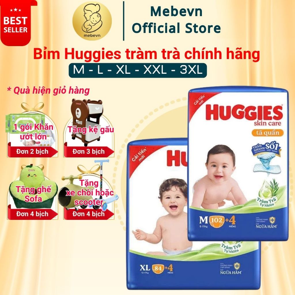 Bỉm Huggies Tràm Trà Chính Hãng, Huggies tràm trà siêu nhiều miếng đủ size M/L/XL/XL/XXL/XXXL