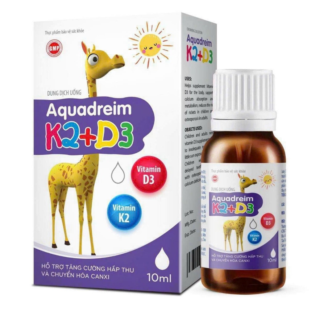 Dung dịch uống Aquadreim K2 + D3 Vitamin D3 & K2 Mk7 giúp hấp thụ canxi hiệu quả, giúp xương răng ch
