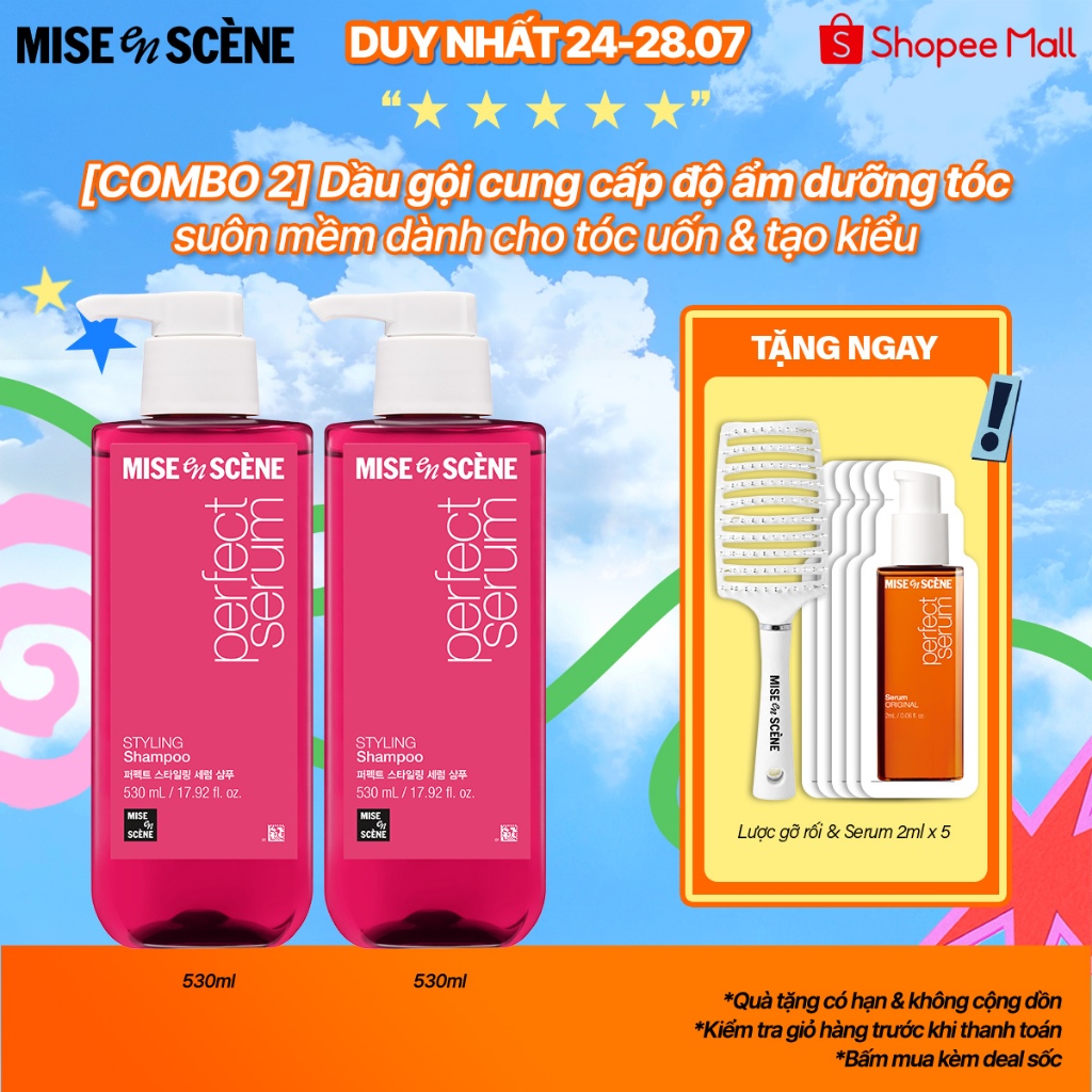 Bộ đôi 2 Dầu gội mise en scène Perfect Serum 530ml dưỡng tóc mềm mượt, hỗ trợ phục hồi tóc hư tổn/tóc uốn | BigBuy360 - bigbuy360.vn