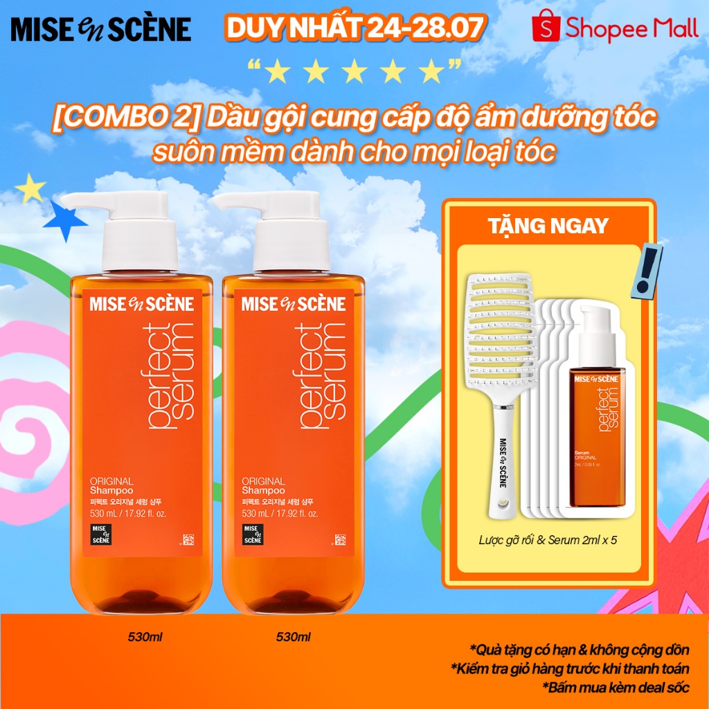 Bộ đôi 2 Dầu gội mise en scène Perfect Serum 530ml dưỡng tóc mềm mượt, hỗ trợ phục hồi tóc hư tổn/tóc uốn