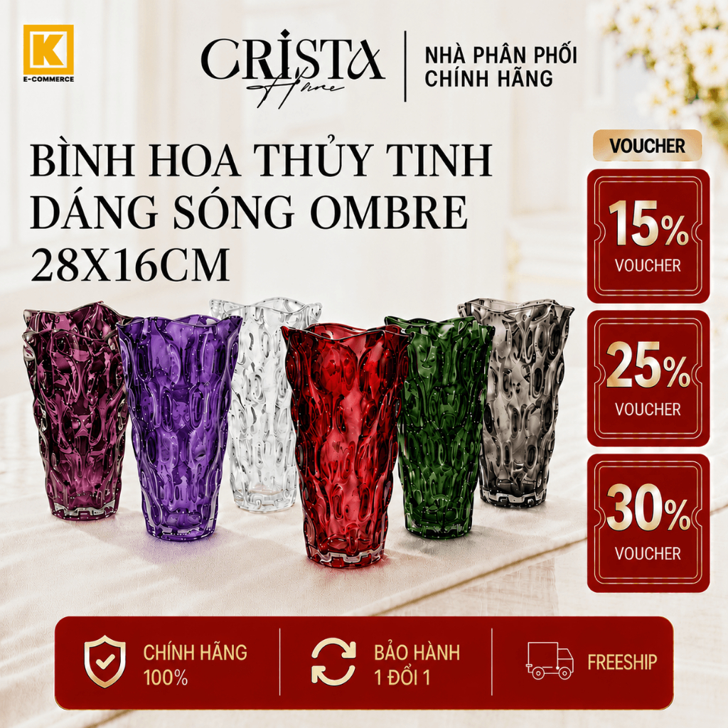 BÌNH HOA THỦY TINH DÁNG SÓNG OMBRE CRISTA HOME 28X16CM 60230 – TÔ ĐIỂM KHÔNG GIAN SỐNG