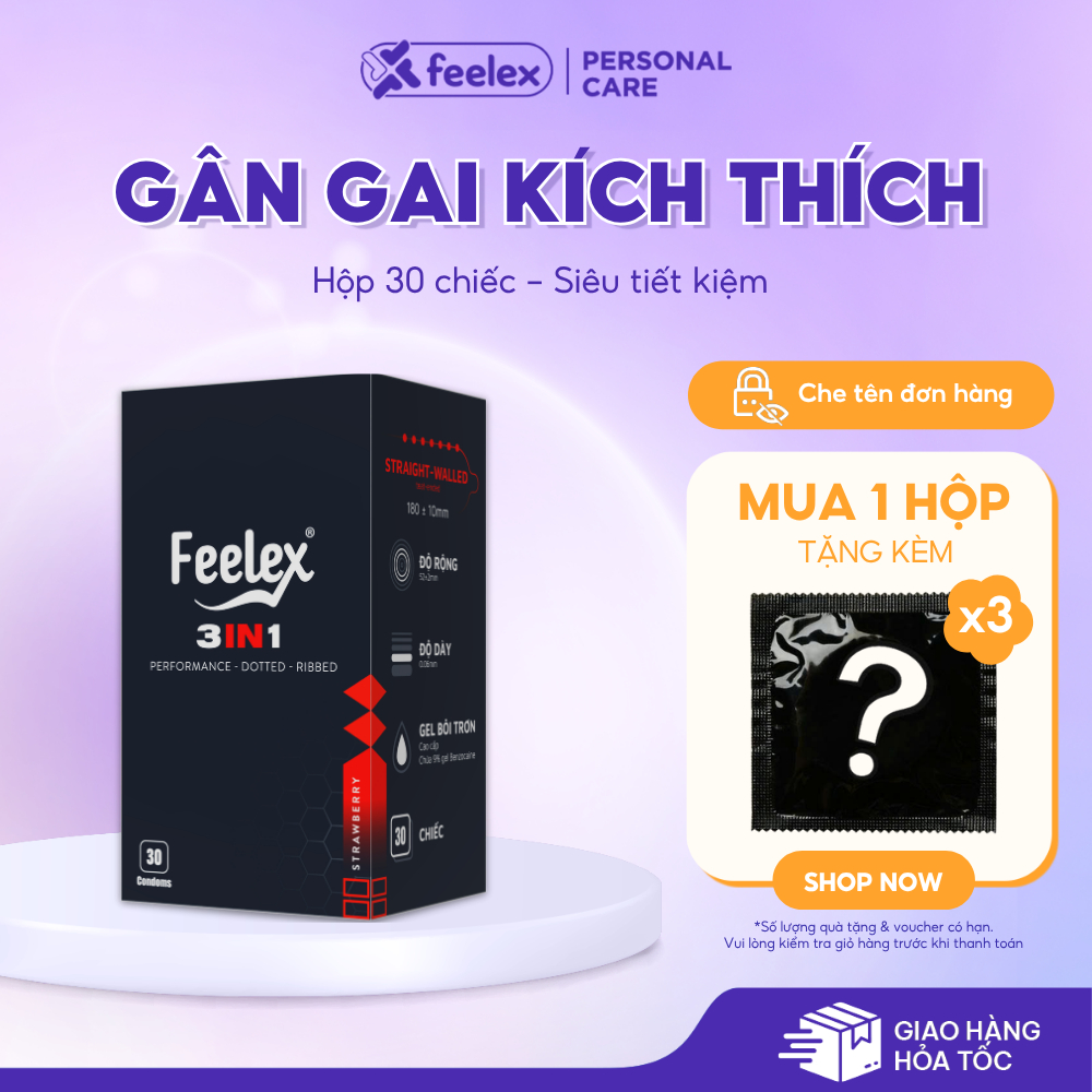 Hộp 30 chiếc bao cao su Feelex gân gai, siêu mỏng, kéo dài thời gian, siêu tiết kiệm
