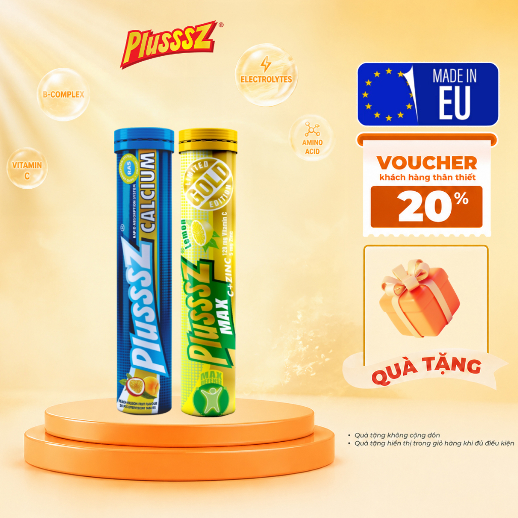 Combo Viên Sủi Plusssz Max Vitamin C & Zinc Vị Chanh + Plusssz C1000 Vị Cam - Nhập Khẩu Chính Hãng