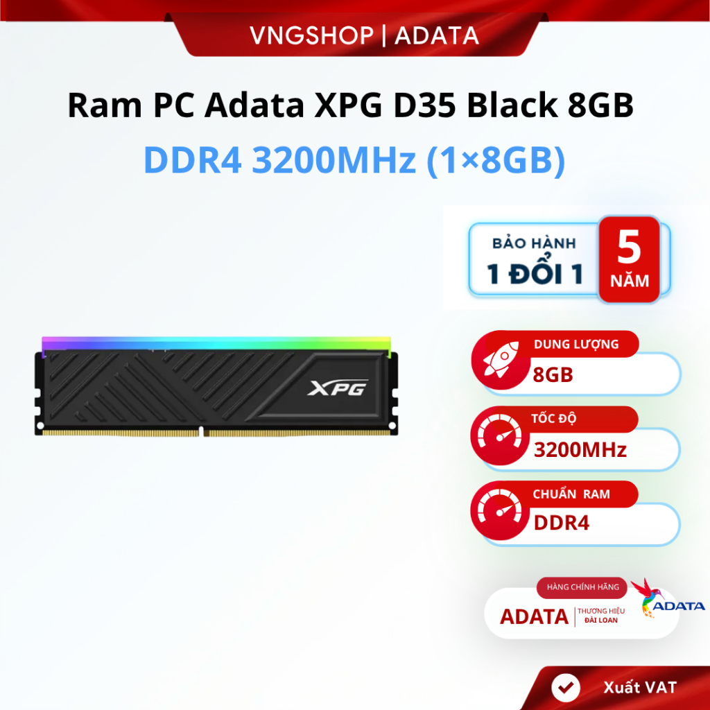 Ram Adata XPG D35 Black 8GB (1×8GB) DDR4 3200MHz, Heatsink – BH 5y, mã: AX4U32008G16A-SBKD35