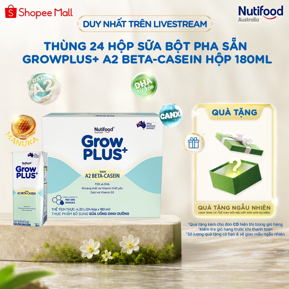 [Livestream] Thùng 24 hộp Sữa bột pha sẵn GrowPLUS+ Đạm A2 Beta-Casein Hộp 180ml