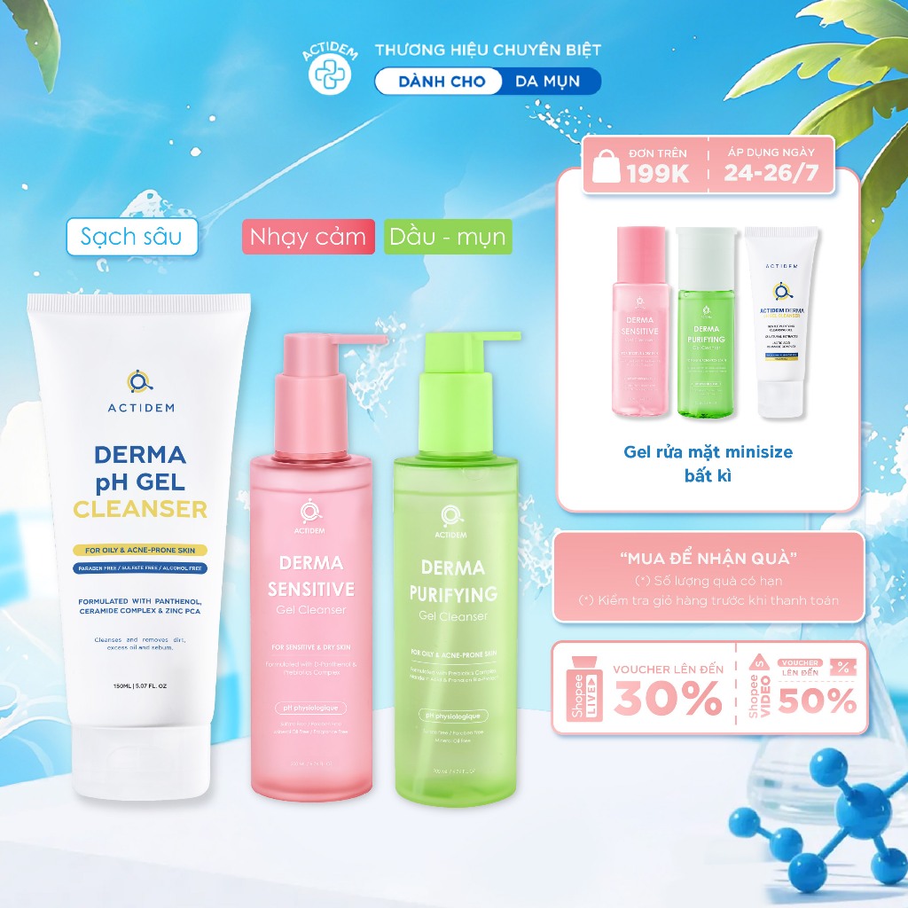 Gel rửa mặt cho da dầu, nhạy cảm, da hỗn hợp Actidem Derma pH/Sensitive/Purifying Gel Cleanser 30/15