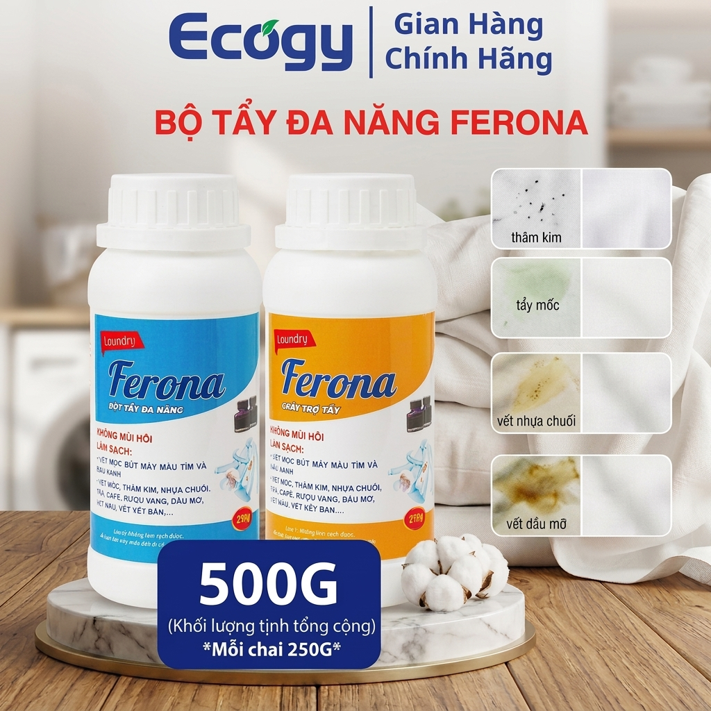 Bộ Tẩy Đa Năng Ferona Ecogy 500g - Tẩy Mốc, Thâm Kim, Nhựa Chuối, Mực Xanh & Mực Tím Hiệu Quả
