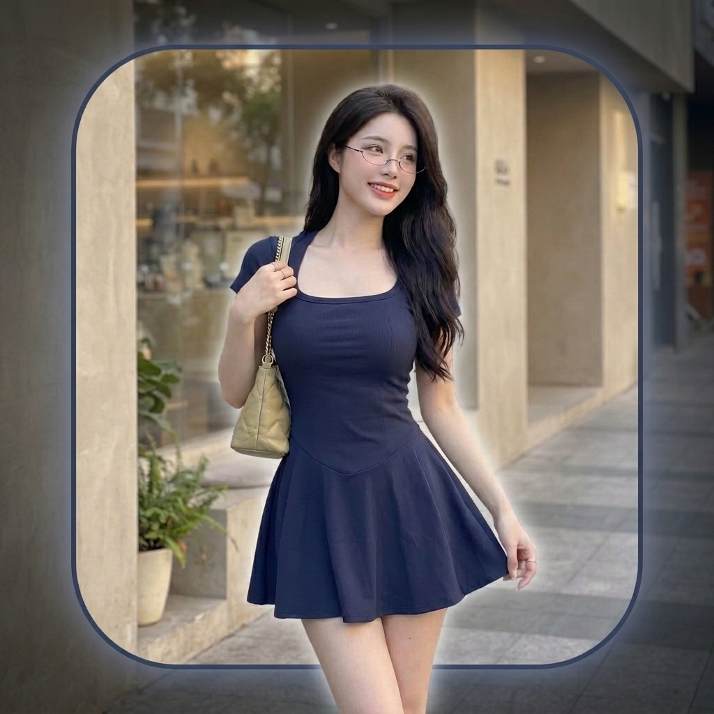 Váy ngắn chữ A màu xanh navy cổ vuông cạp cao VIP69