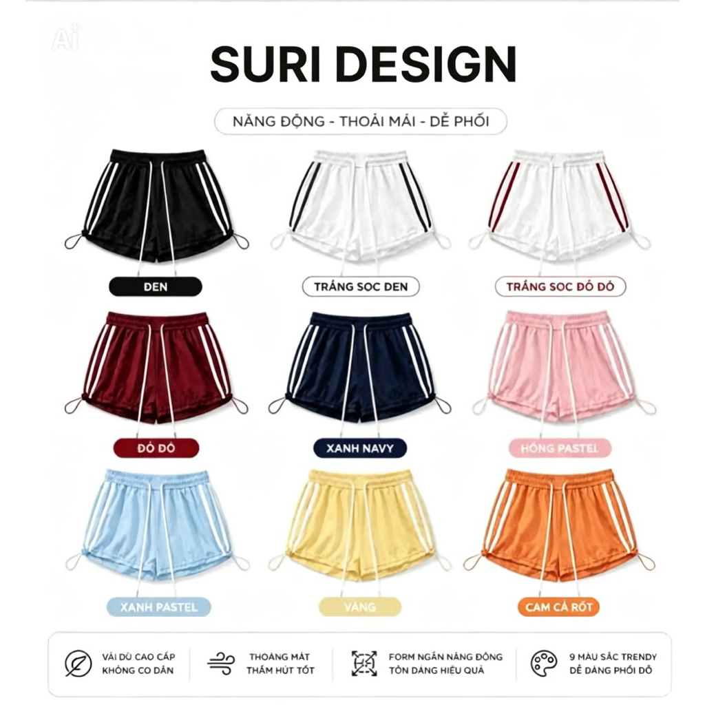 Quần short gió dù có chốt gấu mặc được 2 kiểu dày dặn Loại 1 có túi sườn, mặc tập gym chạy bộ đi dạo phố Suri Design