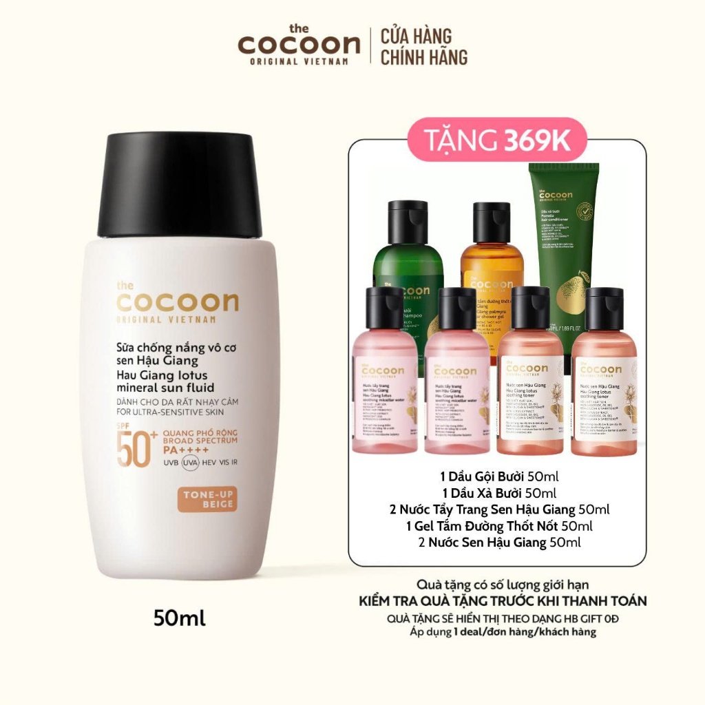 Sữa Chống Nắng Vô Cơ Sen Hậu Giang - Tone up Beige Cocoon 50ml | BigBuy360 - bigbuy360.vn