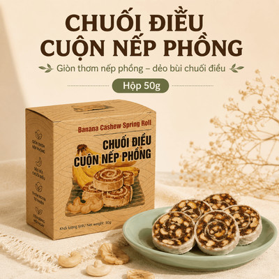 Chuối Sấy Ăn Vặt Nam Xanh, Chuối Cuộn Nếp Phồng, Nguyên Liệu Tự Nhiên, Không Chất Bảo Quản, Hộp 50g