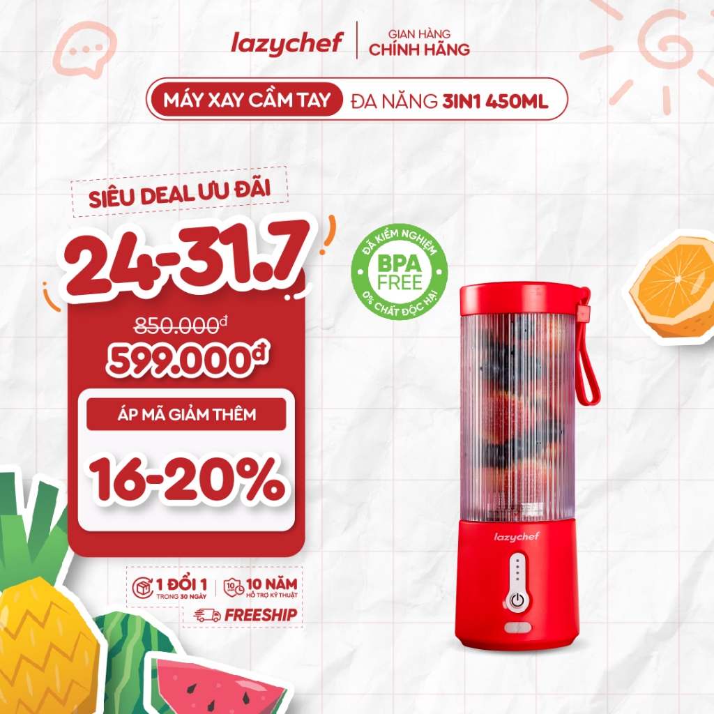 Máy Xay Sinh Tố Cầm Tay Đa Năng Không Dây Lazychef 3i﻿n1 450ml, Máy Xay Tích Điện, Xay Đá Bào