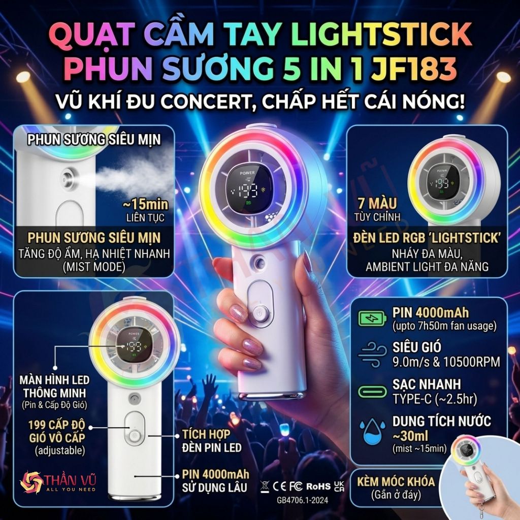 Quạt LIGHTSTICK PHUN SƯƠNG Mini cầm tay Thần Vũ JF183 Động Cơ hiêu suất cao siêu mát siêu êm ái
