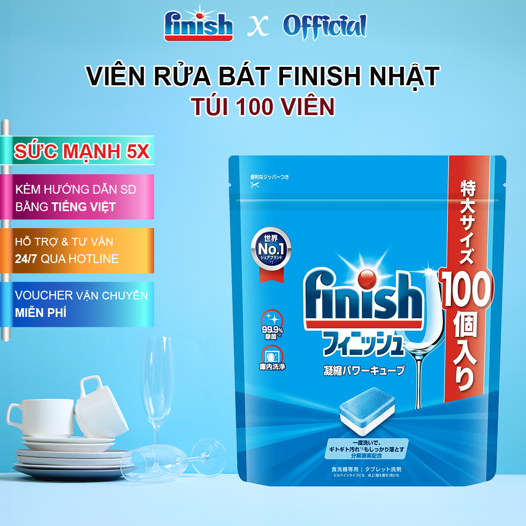 Túi Viên Rửa Chén Bát Finish Nhật Bản Power Cube 100 viên chuyên dùng cho mát rửa chén bát