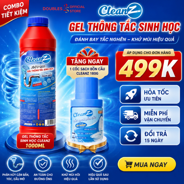 Gel thông tắc sinh học Cleanz 1000ml hỗ trợ vệ sinh đường ống cống, lavabo, toilet - DOUBLES 2SSHOP