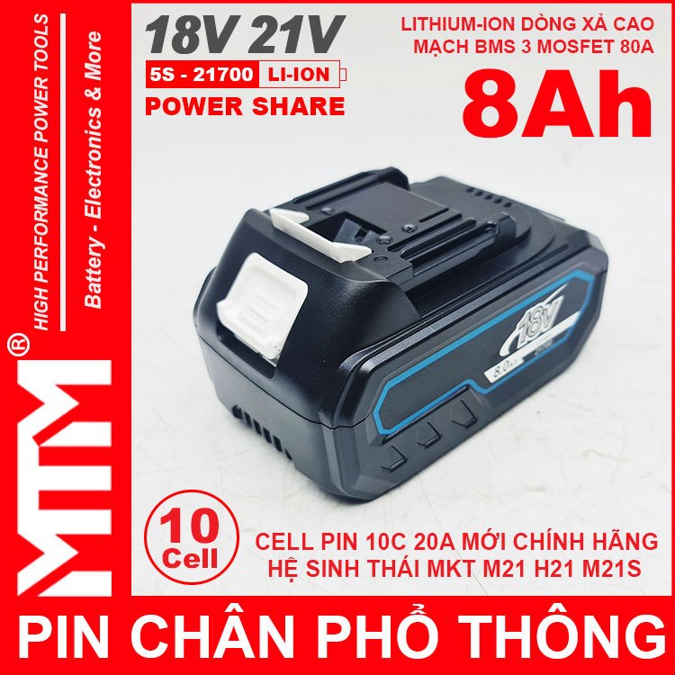 Pin Chân Phổ Thông MKT M21 Hukan Dekton 18V 20V 21V 8Ah 80A 10Ccell 21700 - Có báo pin
