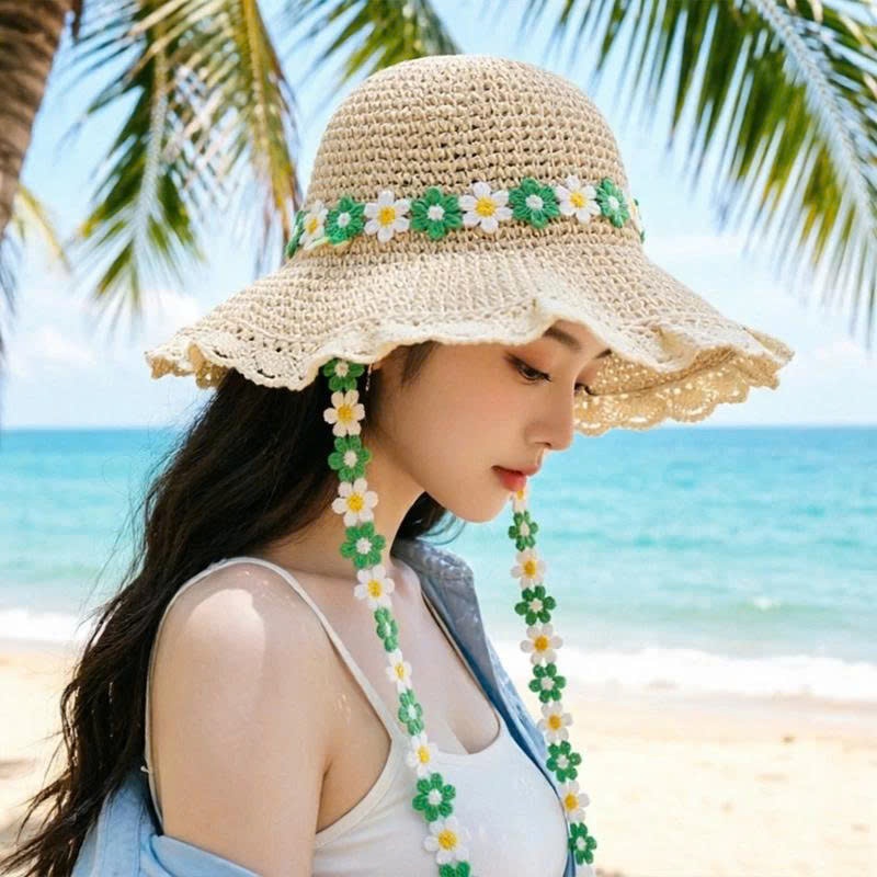Mũ Cói Xinh Đi Biển Nữ Thêu Hoa Phối Ren Xinh Xắn Vành Rộng Có Dây xinh Xắn