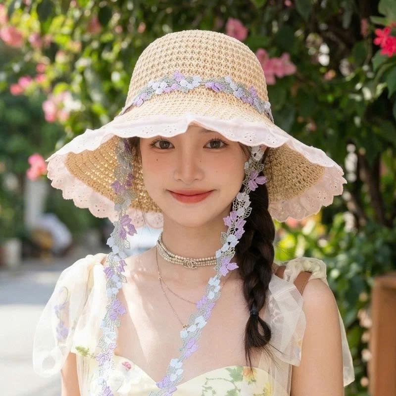 Mũ Cói Xinh Đi Biển Nữ Vành Rộng Thêu Hoa Phối Ren Xinh Xắn Mũ Cói Đan Mềm Có Dây Buộc