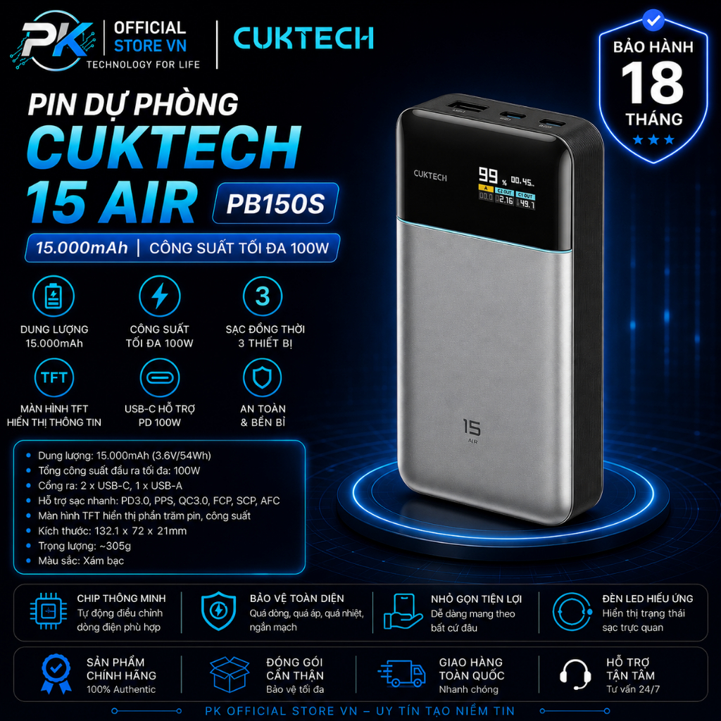 Sạc Dự Phòng Cuktech 15 Air Power Bank 15.000mAh ( PB150S ) – Bảo Hành 18 Tháng