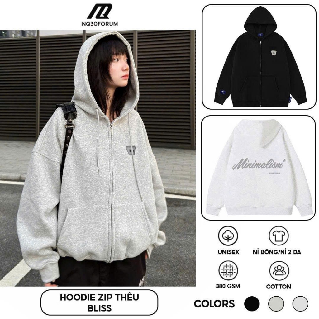 Áo Khoác Hoodie Zip Nỉ Cotton Thêu Nổi NQ30 BLISS Form Boxy Nam Nữ Unisex