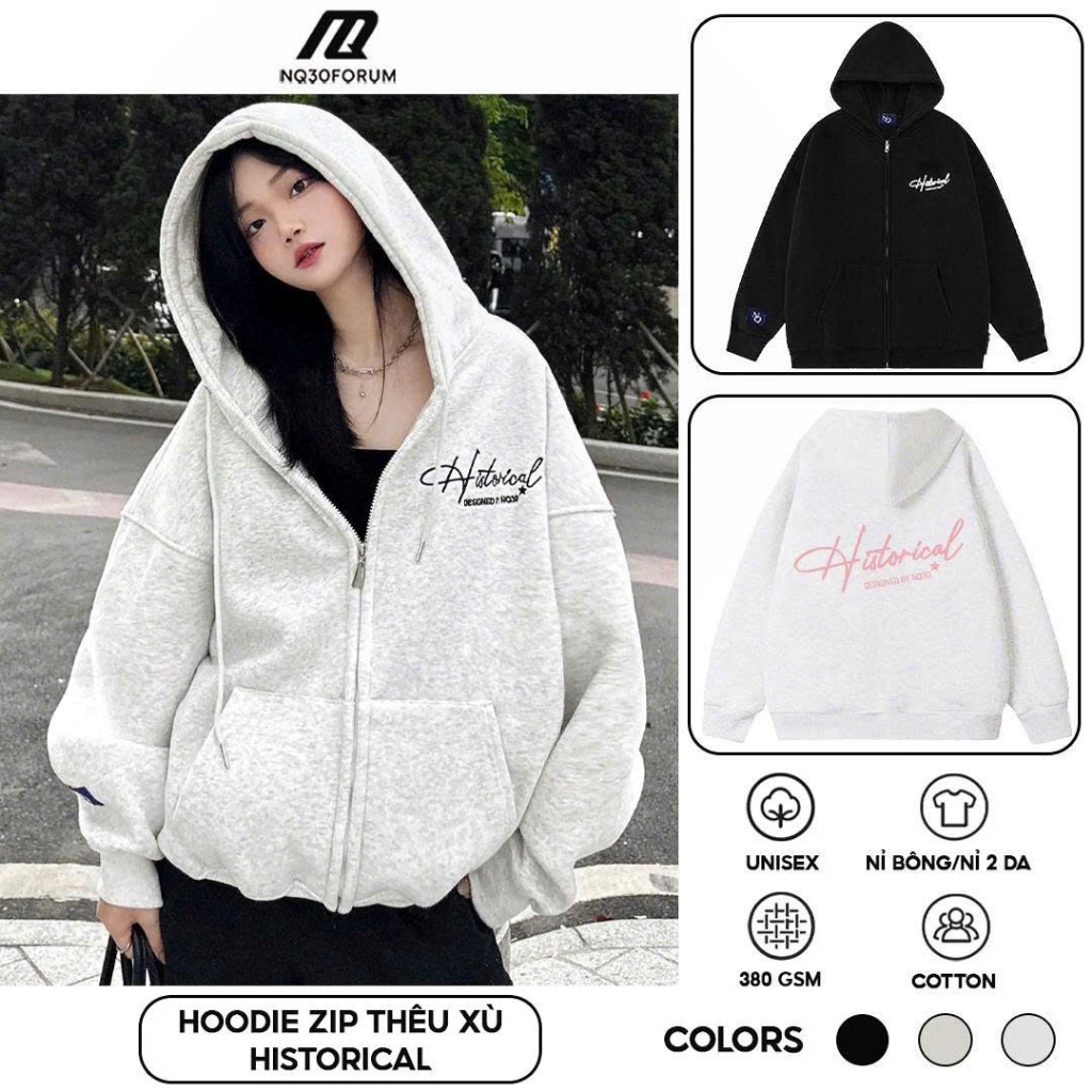 Áo Khoác Hoodie Zip Nỉ Cotton Thêu Xù NQ30 HISTORICAL Form Boxy Nam Nữ Unisex