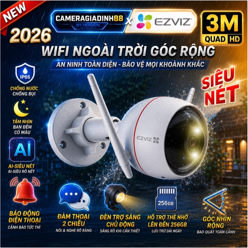 Camera WIFI Ngoài Trời  Ezviz C3W C3TN H3 Pro 1080P 2K 3K, Góc Rộng,  Màu Ban Đêm BH Chính Hãng 24TH