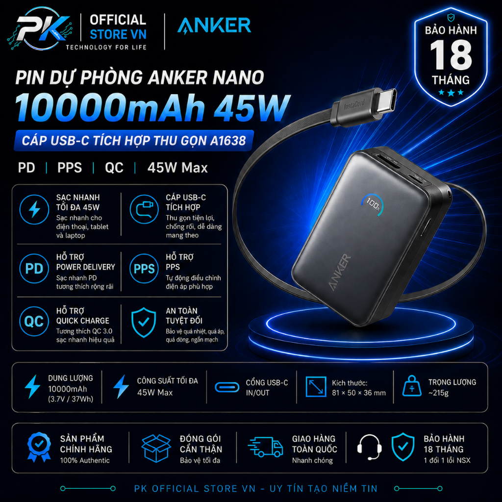 Pin Dự Phòng Anker Nano 10000mAh 45W Cáp USB-C Tích Hợp Thu Gọn A1638 - BH 18 Tháng