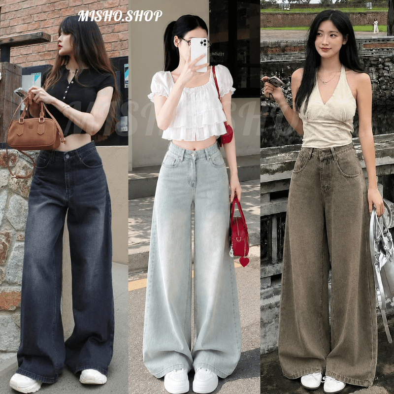 Quần Jean Nữ Ống Suông Rộng Nâu OLI Wash Smoke Vintage Lưng Cao Hack Dáng Style Hàn Quốc, form suông