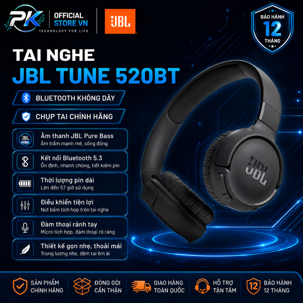 Tai Nghe JBL Tune 520BT Chụp Tai Bluetooth Không Dây Chính Hãng - BH 12 Tháng