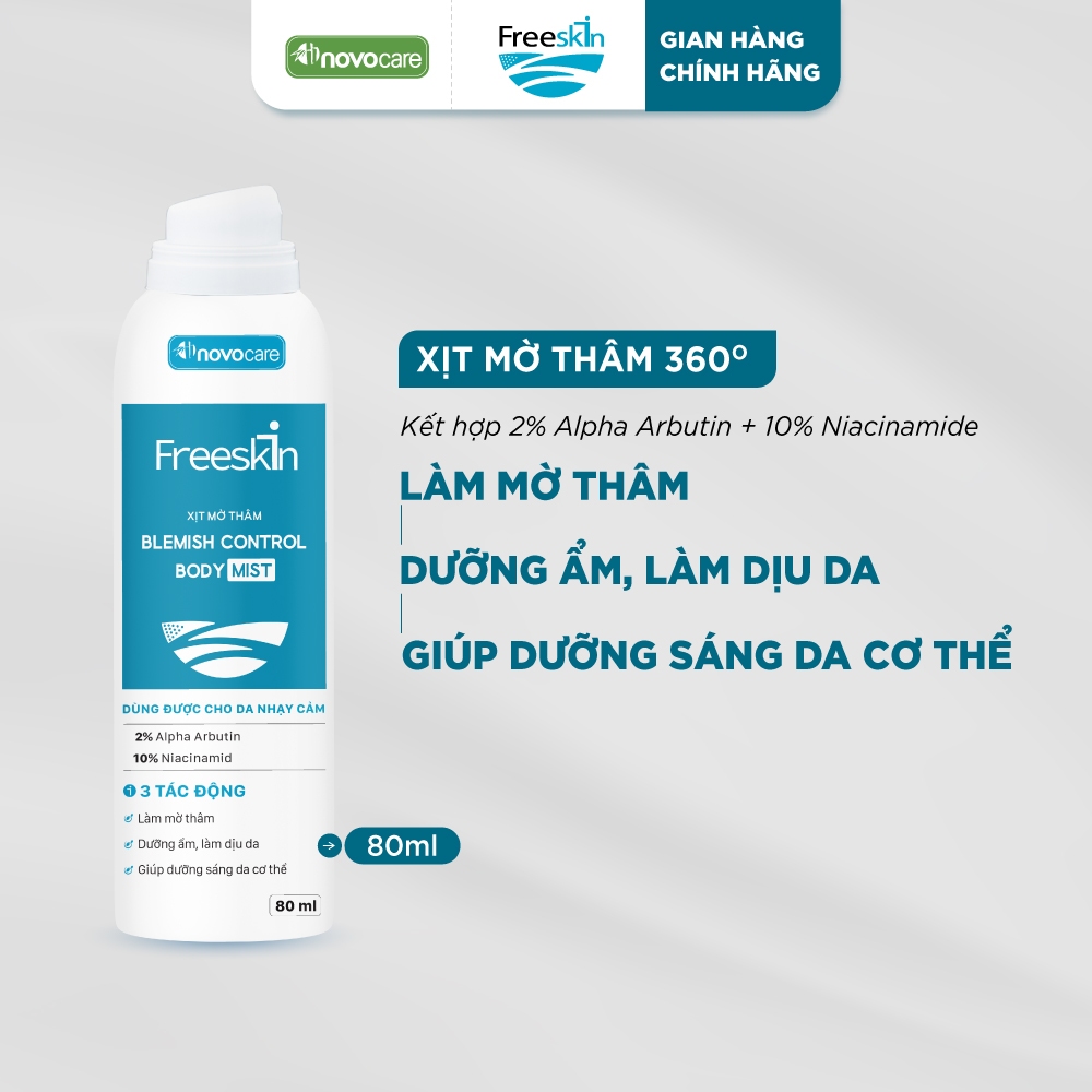 Xịt mờ thâm Freeskin - Novocare Mờ thâm mụn lưng, mụn cơ thể, viêm nang lông, giảm thâm sạm, dưỡng s