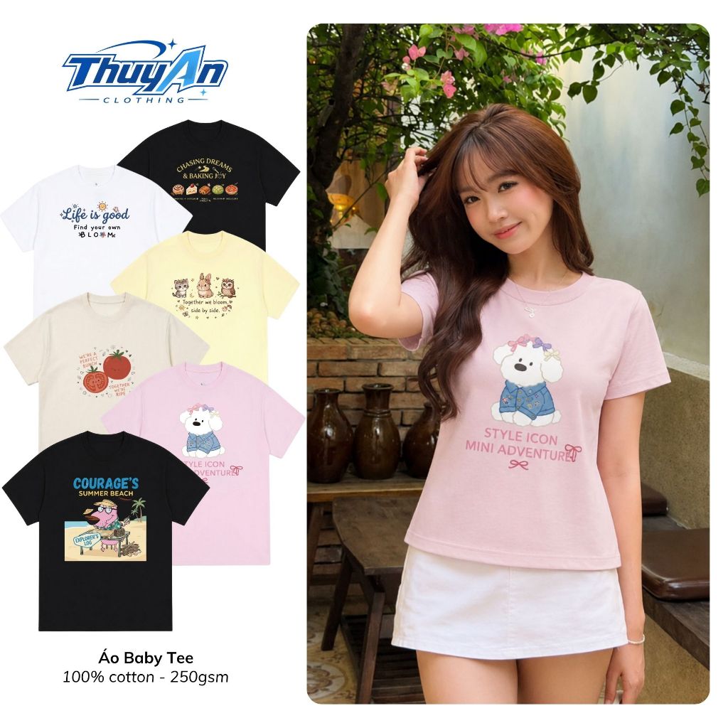 Áo Baby Tee Nữ In Hình Dễ Thương Cotton 250GSM Form Ôm Tay Ngắn Basic Phong Cách Hàn Quốc