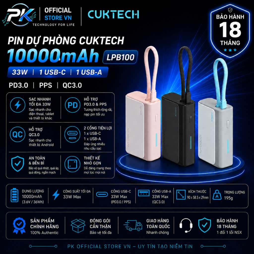 Sạc Dự Phòng Cuktech 10000mAh LPB100 1C1A 33w PD3.0/PPS/QC3.0  - Bảo Hành 18 Tháng