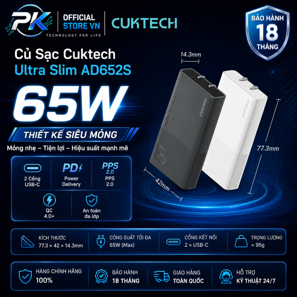 Củ Sạc Cuktech Ultra Slim 65W 2 Cổng USB-C PD PPS 2.0 QC4.0+ AD652S AC65B2 - BH 18 Tháng