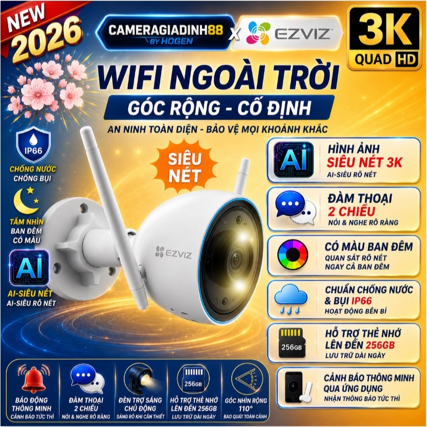 Camera Wifi Ezviz Ngoài Trời H3, C3W, H3C, C3TN 1080P 2K 3K, C3N Camera Màu Ban Đêm, Chính Hãng 24TH