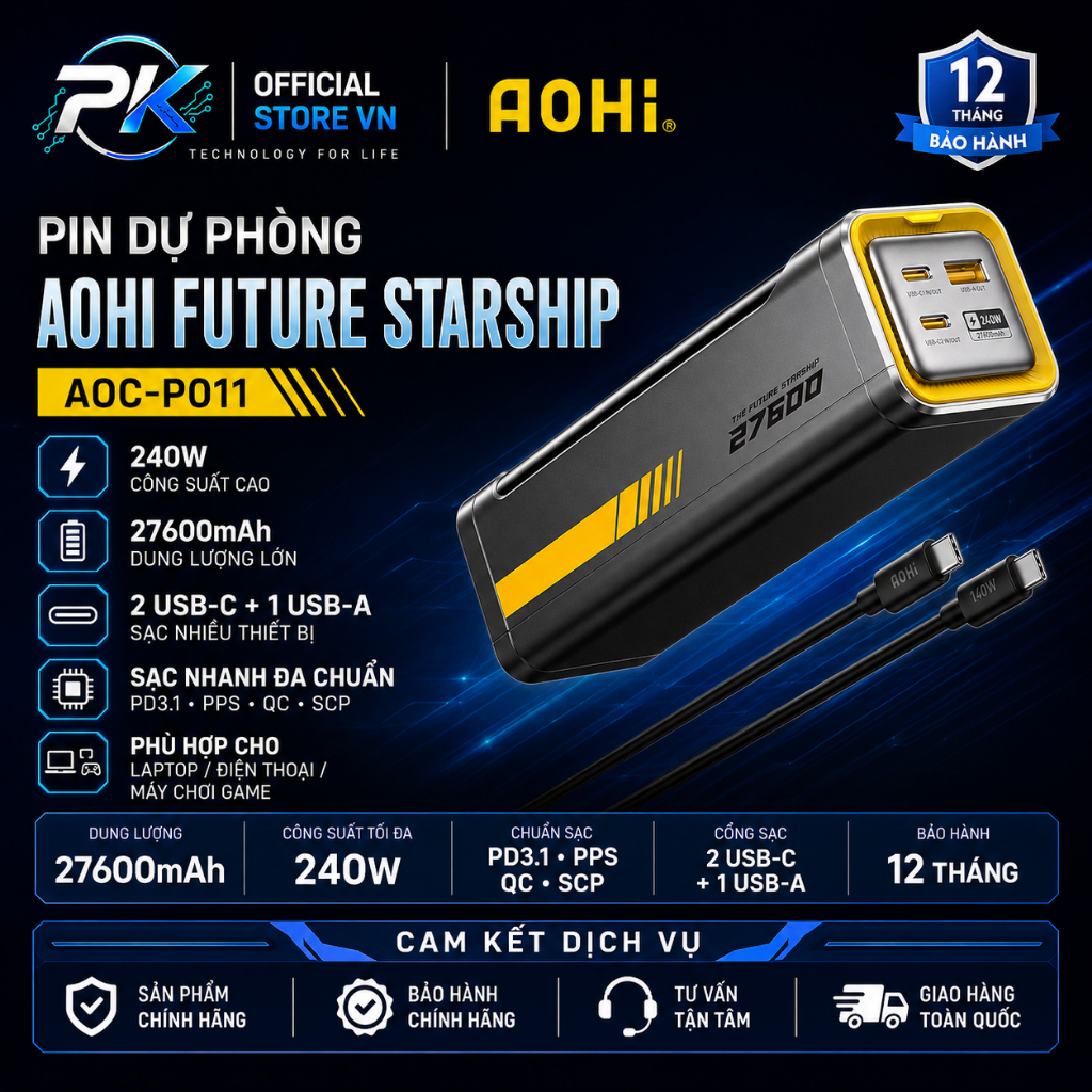 Pin Dự Phòng AOHI Future Starship 27600mAh 240W PD3.1 PPS QC SCP AOC-P011 - BH 12 Tháng