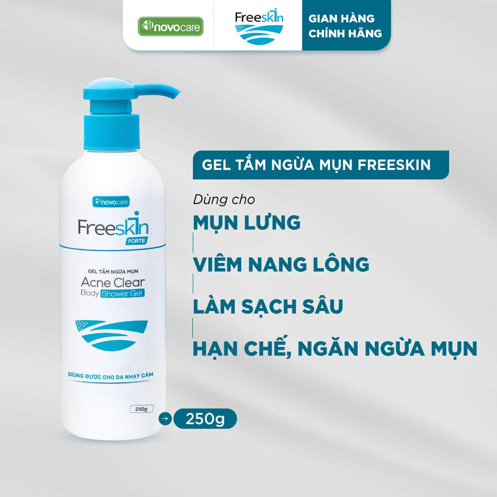 Gel tắm mụn lưng, viêm nang lông, dày sừng nang lông Freeskin - Novocare Acne Clear Body Shower Gel 