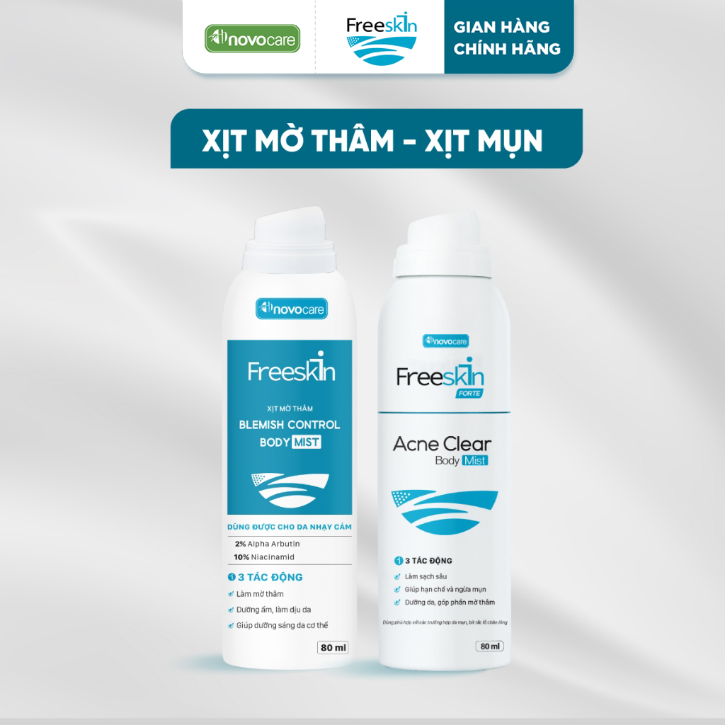Combo Xịt mụn lưng, viêm nang lông & Xịt mờ thâm mụn lưng Novocare - Freeskin hỗ trợ giảm mụn, giảm 