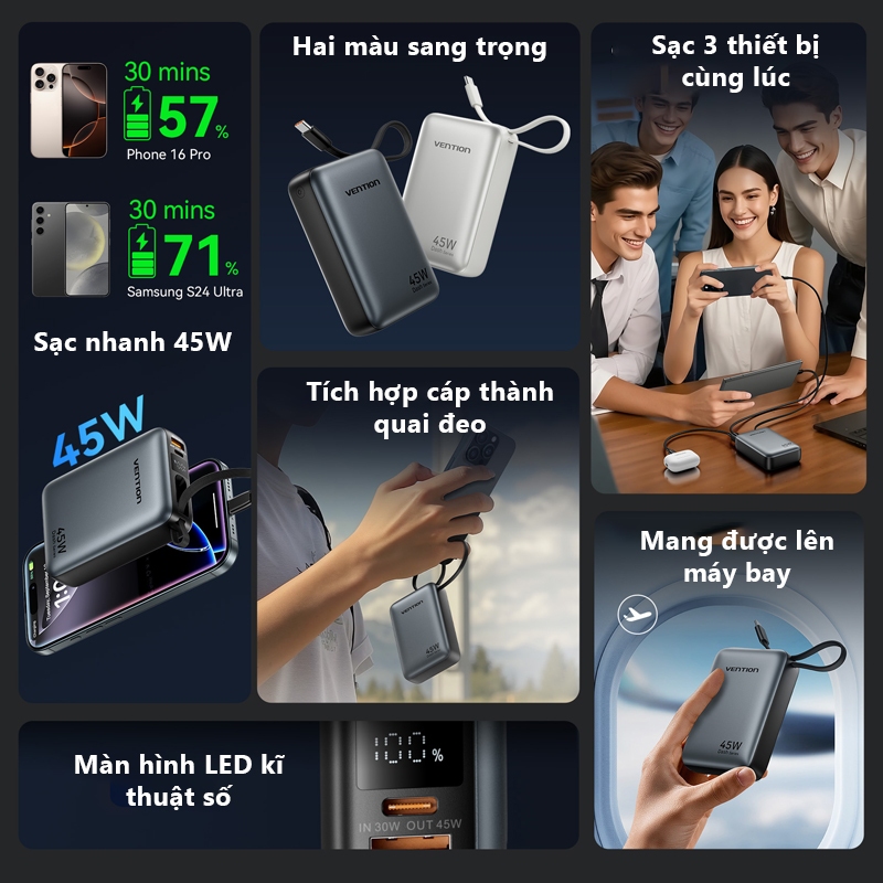 Sạc Dự Phòng 45W Vention 20000mAh Hỗ Trợ PD, QC, Tích Hợp Dây Type-C Cho Điện Thoại, Tai Nghe Máy Tính Bảng | BigBuy360 - bigbuy360.vn