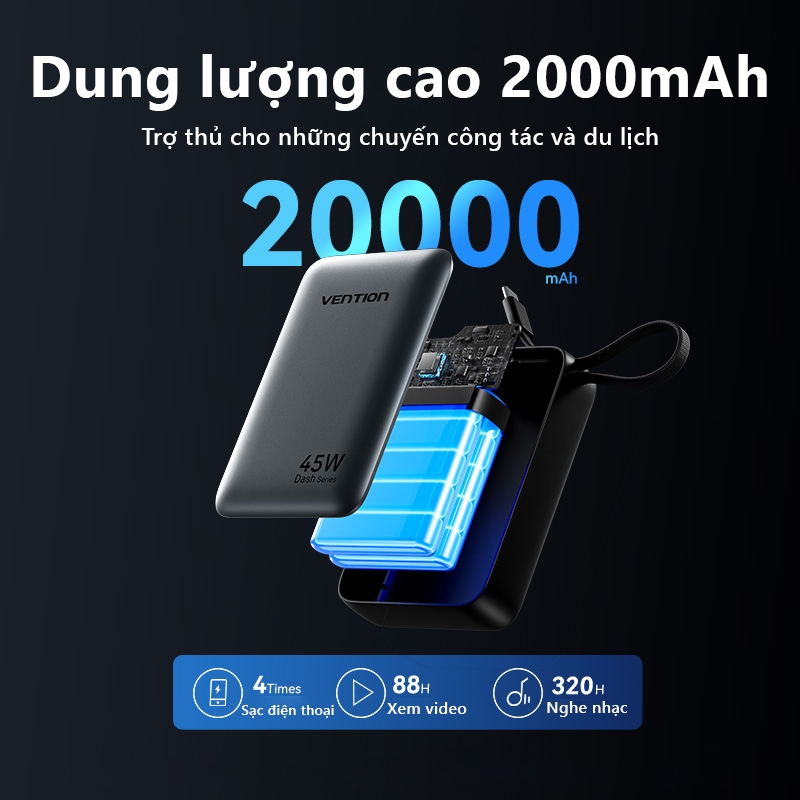 Sạc Dự Phòng 45W Vention 20000mAh Hỗ Trợ PD, QC, Tích Hợp Dây Type-C Cho Điện Thoại, Tai Nghe Máy Tính Bảng | BigBuy360 - bigbuy360.vn