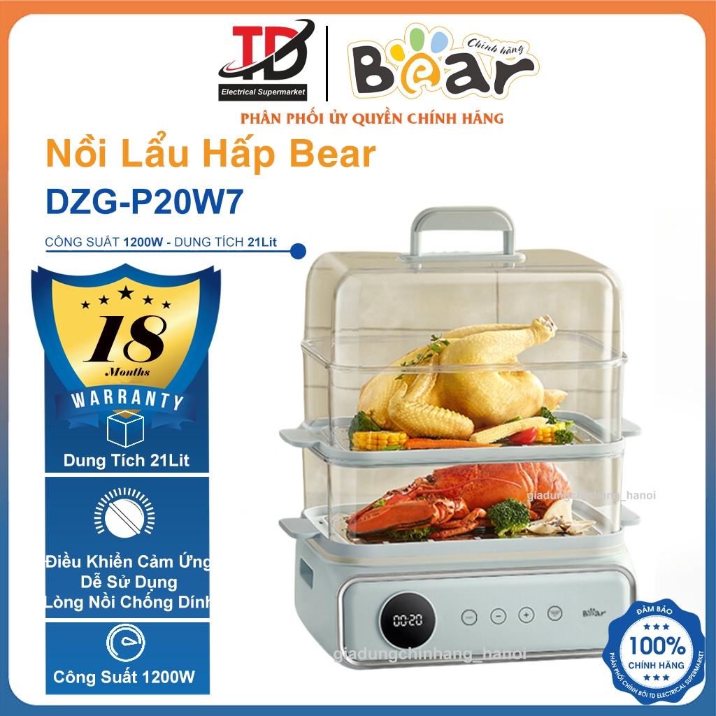 Nồi Hấp Điện 3 Tầng Bear DZG-P20W7, 21Lit - 1200w, Chiên Nướng Hấp Đa Năng, Hàng Chính Hãng