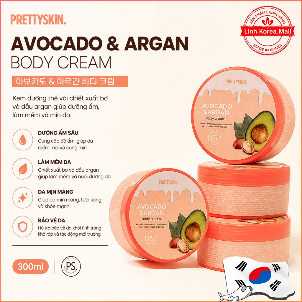 Kem Dưỡng Thể PRETTYSKIN Design Your Beauty Avocado & Argan Body Cream 300ml