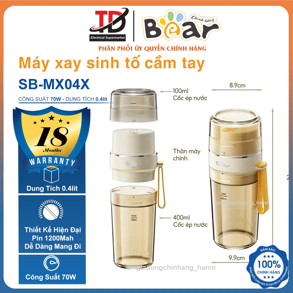 Máy Xay Sinh Tố Cầm Tay Bear SB-MX04K, Pin 1200mAh - 0.4Lit, Hàng Chính Hãng