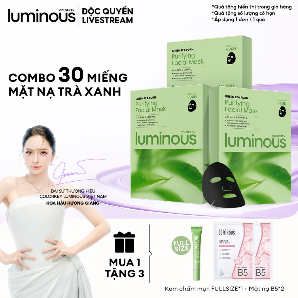 [LIVE] COMBO 3 Hộp Mặt Nạ Giấy Chiết Xuất Trà Xanh COLORKEY LUMINOUS Cấp Ẩm Cho Da Mịn Màng 10 miếng