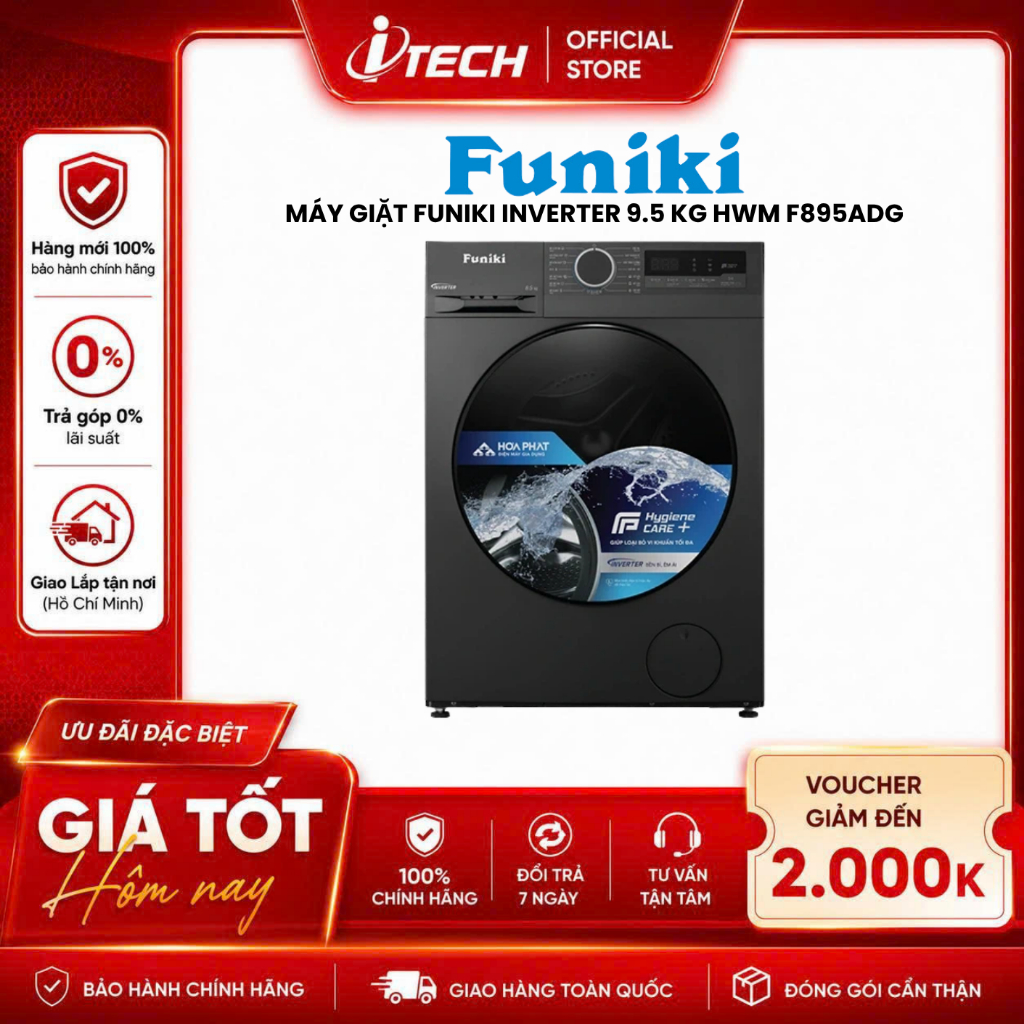 HWM-F895ADG - Máy giặt Funiki Inverter 9.5 Kg HWM F895ADG - Hàng chính hãng