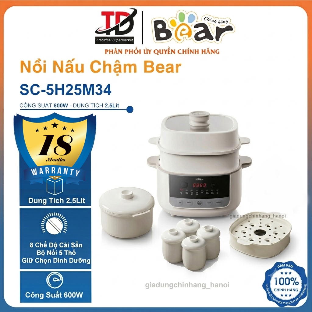 Nồi Nấu Chậm Bear SC-5H25M34, 2.5Lit Kèm Bộ 5 Thố Sứ Có Xửng Hấp 8 Chế Độ Nấu, Hàng Chính Hãng