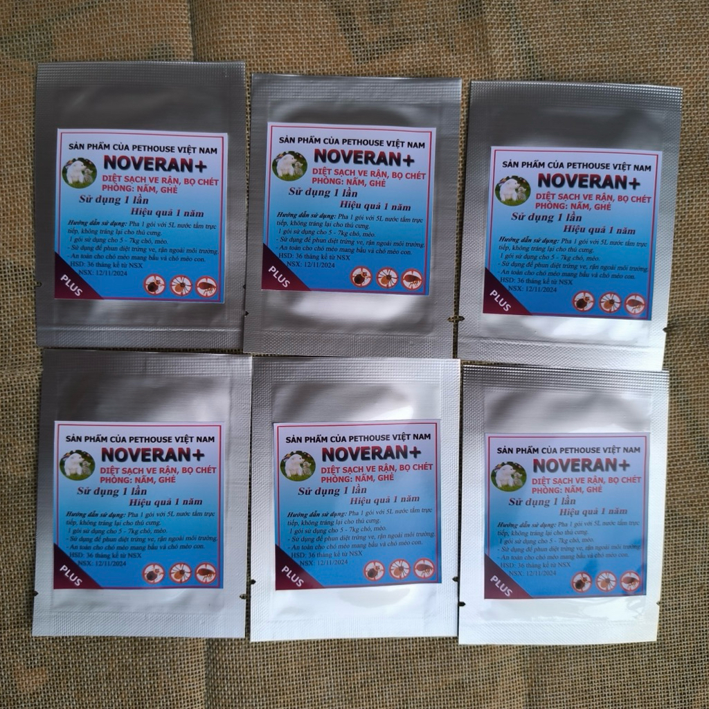 Sỉ 20 gói, 30 gói, 50 gói Bột tắm NOVERAN (5-7kg) trị ve, rận, bọ chét chó mèo và phun môi trường