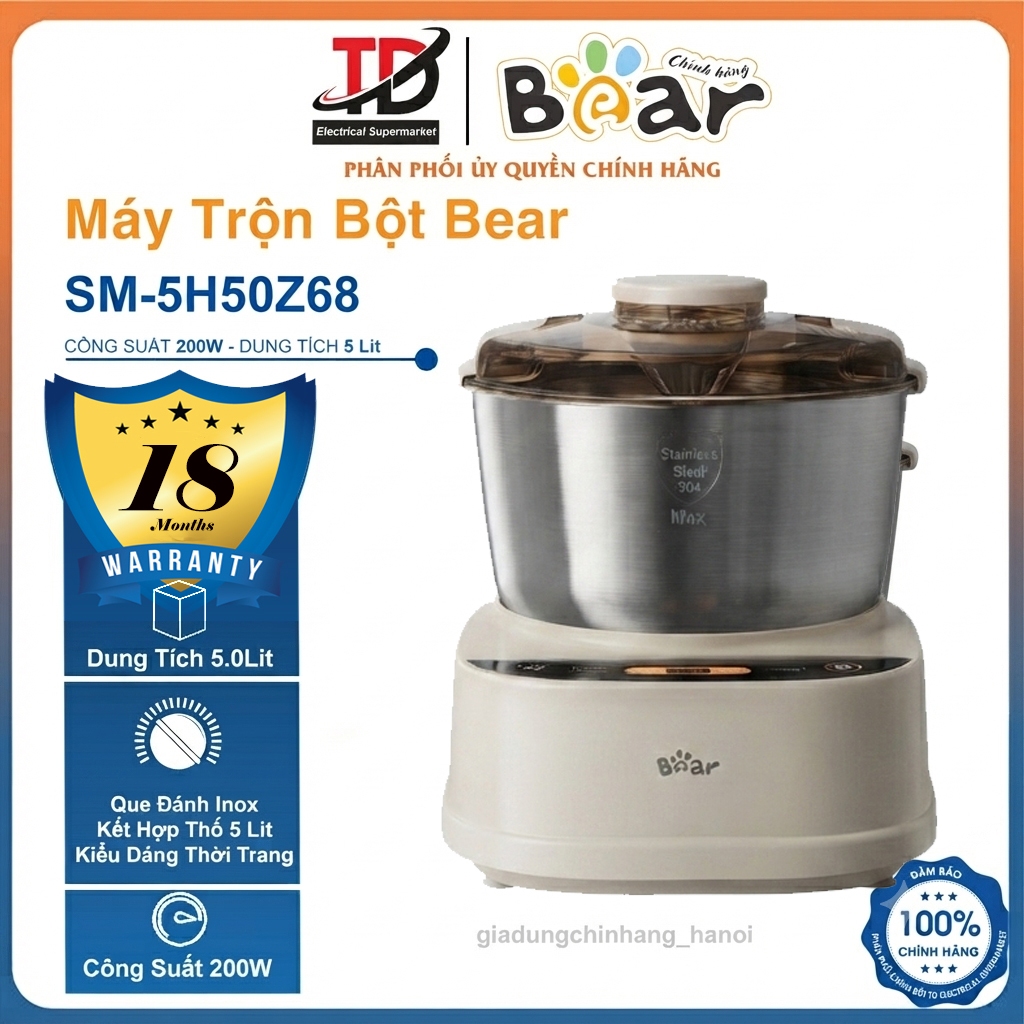 Máy Trộn Bột Bear SM-5H50Z68, Dung Tích 5Lít - Công Suất 180W, Nhồi Và Ủ Tự Động, Hàng Chính Hãng